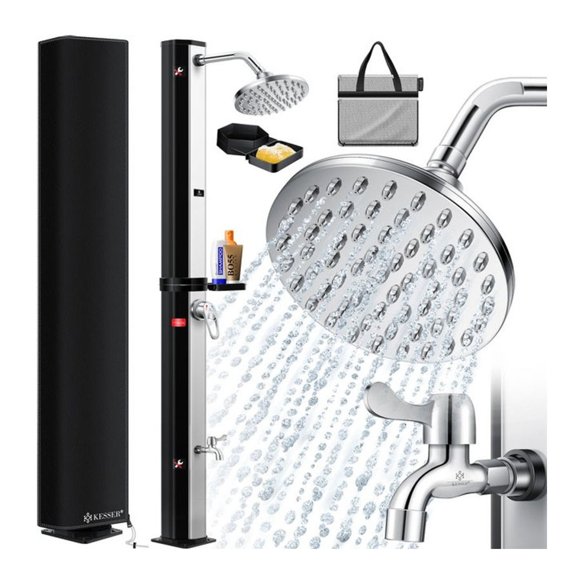 KESSER Solardusche für Garten und Camping mit 40-60 Litern, warmem Wasser bis max. 60°C, Regenduschkopf, Metall-Duschablage und Schutzhaube - Bild 1