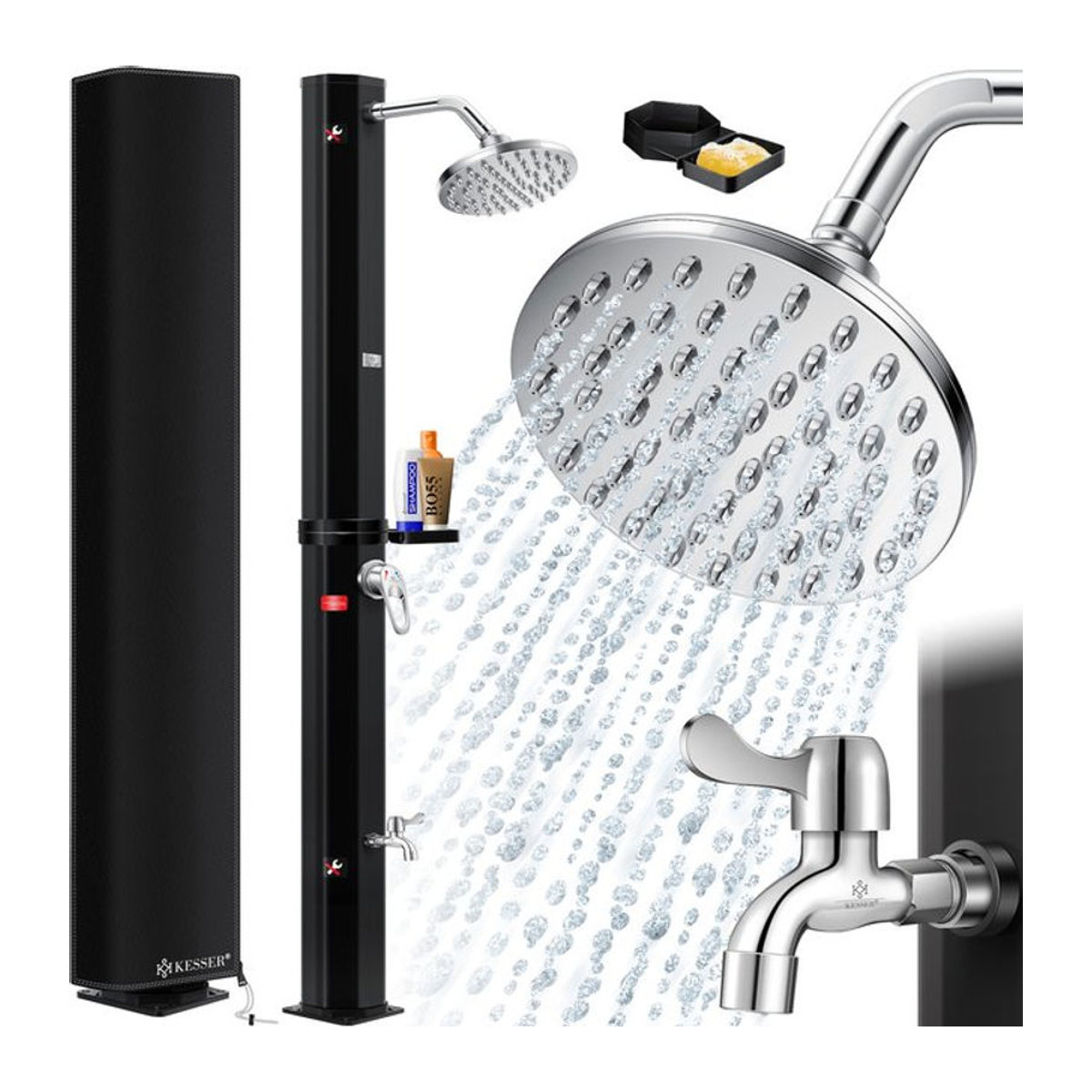 KESSER Solardusche für Garten und Camping mit 40-60 Litern Warmwasser, Regenduschkopf, Wasserhahn und Metall-Duschablage inklusive Schutzhaube - Bild 1