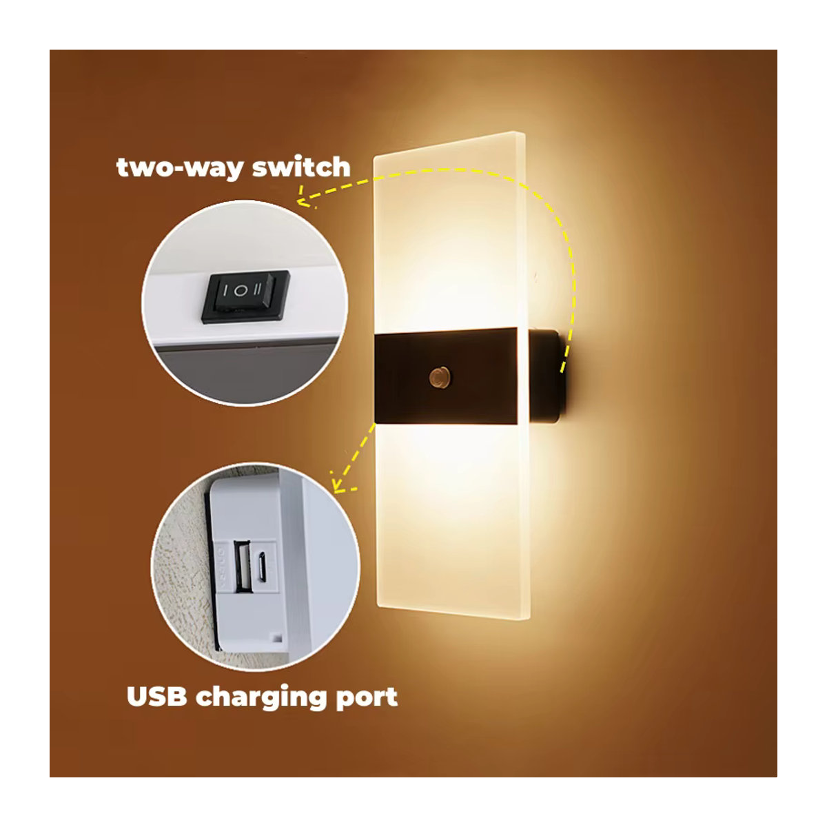 Khelse Kabellose LED-Wandleuchte mit Bewegungsmelder aus Acryl und Metall in Weiß, USB wiederaufladbare Nachttischlampe für Schlafzimmer und Treppen im minimalistischen Design - Bild 2