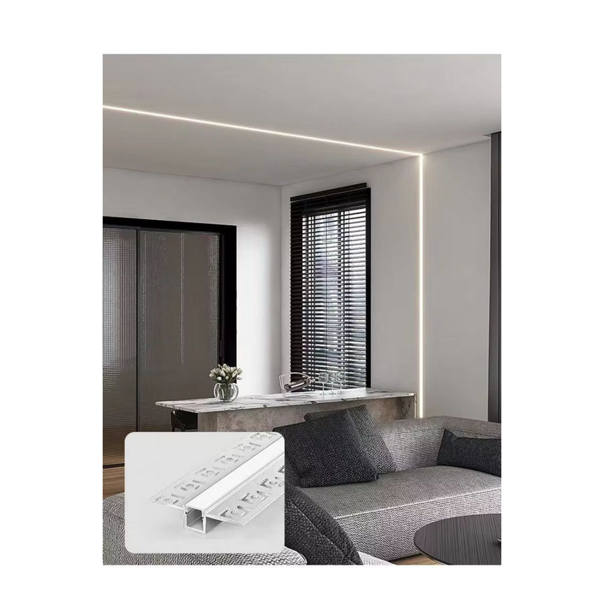 Khelse Rahmenlose LED-Deckenleuchte aus Aluminium, minimalistisch, versenkt mit verstecktem Gipskanal und linearem Hartstreifen zur Eckdekoration oder als Lichtwand - Bild 6