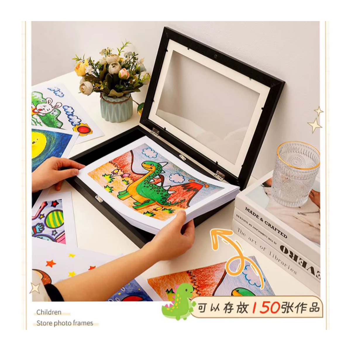 KidsART magnetischer Flip-Fotorahmen für Kinder in Schwarz, 8 Zoll, mit aufklappbarer Front und Wandmontage - Bild 5