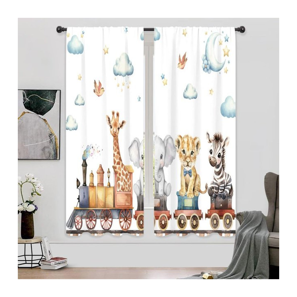 Kinder Vorhänge mit Cartoon Waldtier-Motiv Löwe und Elefant, Set aus 2 Stück, Farbe: Weiß, B x H: 53 x 116 cm - Bild 1