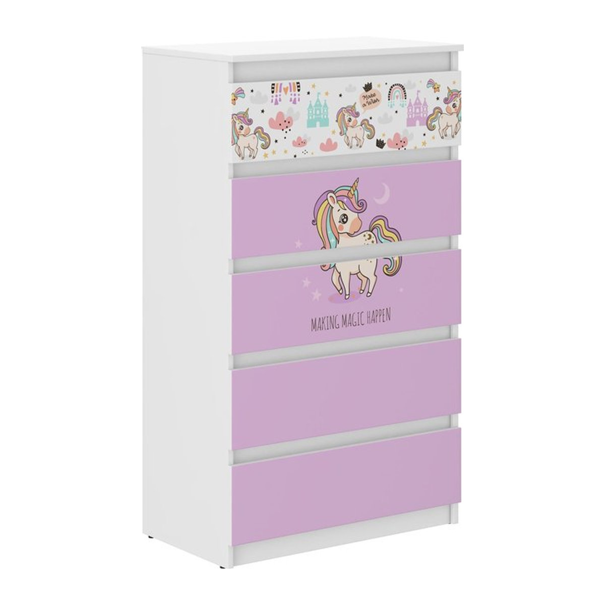 Kinderkommode R-5 mit Einhorn-Motiv in Pink und Weiß, H x B x T: 121 x 70 x 40 cm - Bild 1