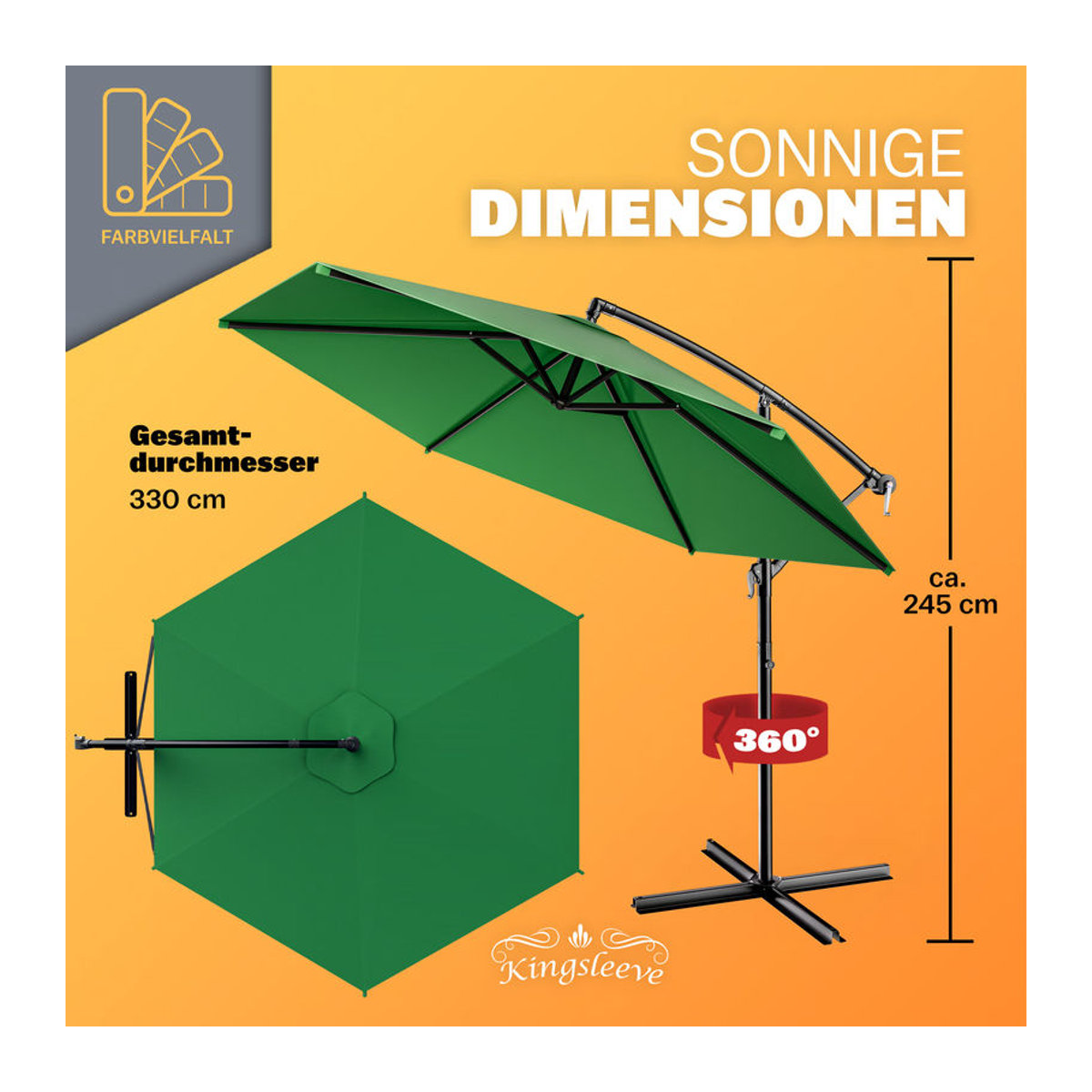 Kingsleeve Ampelschirm Sochi Grün mit Fußkreuz und Aluminiumgestell Durchmesser: 330 cm - Bild 3