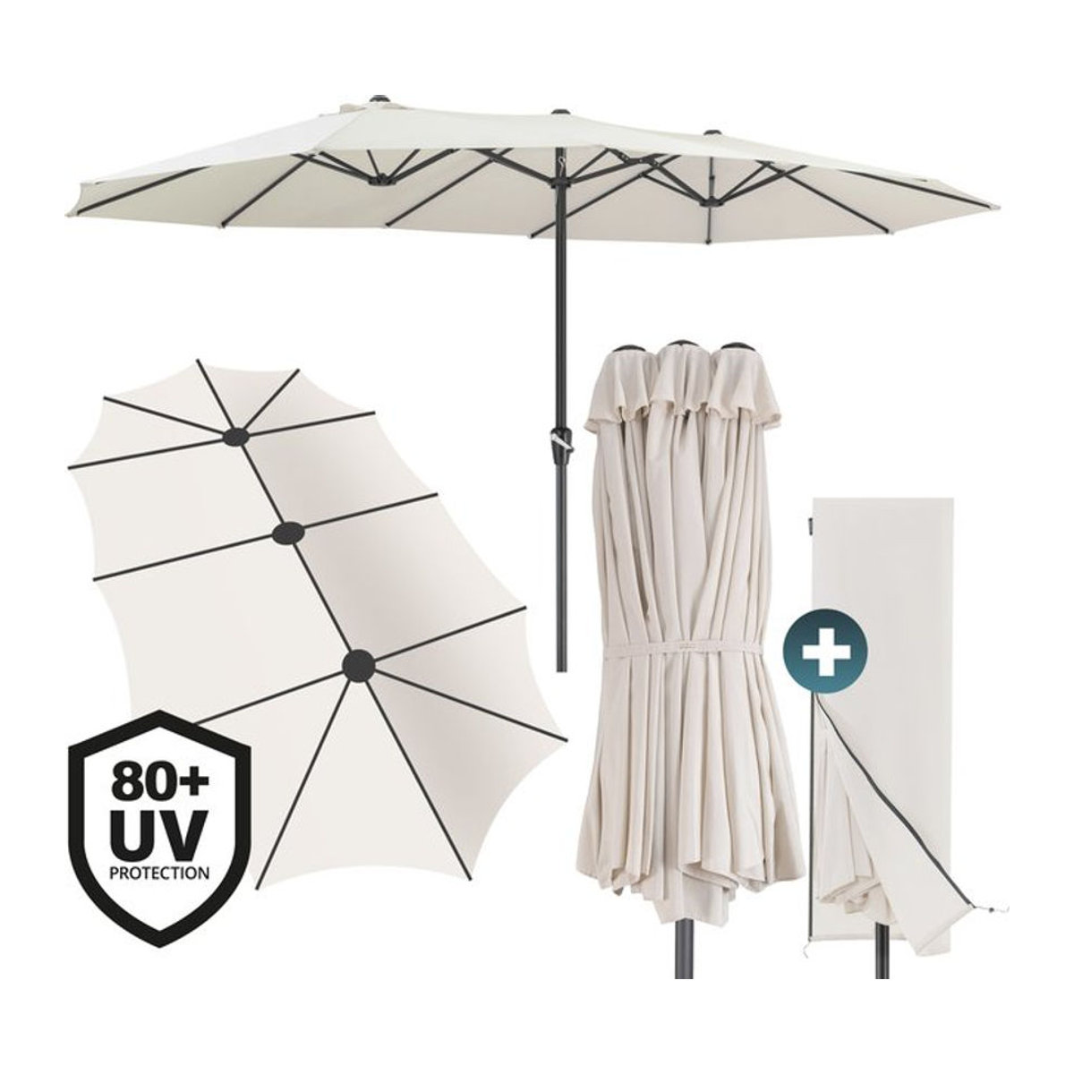 Kingsleeve Doppelsonnenschirm Oval in Beige mit UV-Schutz 80 plus und Kurbel, B: 460 cm, H: 240 cm - Bild 1