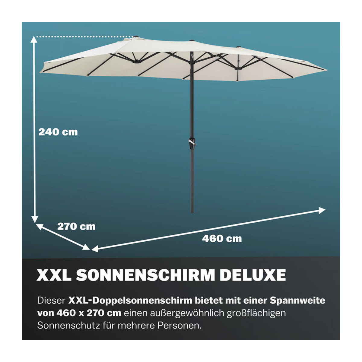 Kingsleeve Doppelsonnenschirm Oval in Beige mit UV-Schutz 80 plus und Kurbel, B: 460 cm, H: 240 cm - Bild 3
