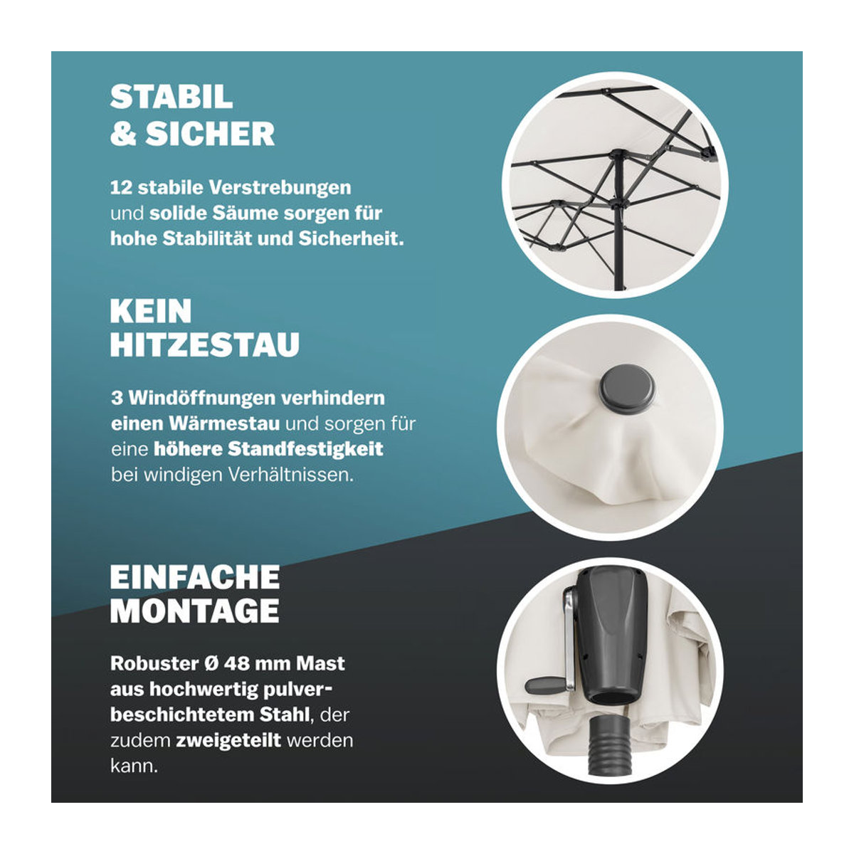 Kingsleeve Doppelsonnenschirm Oval in Beige mit UV-Schutz 80 plus und Kurbel, B: 460 cm, H: 240 cm - Bild 5