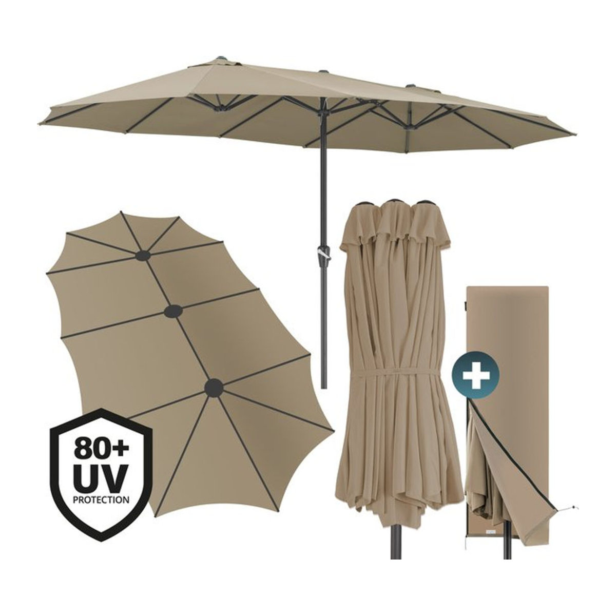 Kingsleeve Doppelsonnenschirm Taupe Meliert mit UV-Schutz 80+, Ovaler Marktschirm mit Kurbel und Schutzhülle, B: 460 cm, H: 240 cm - Bild 1