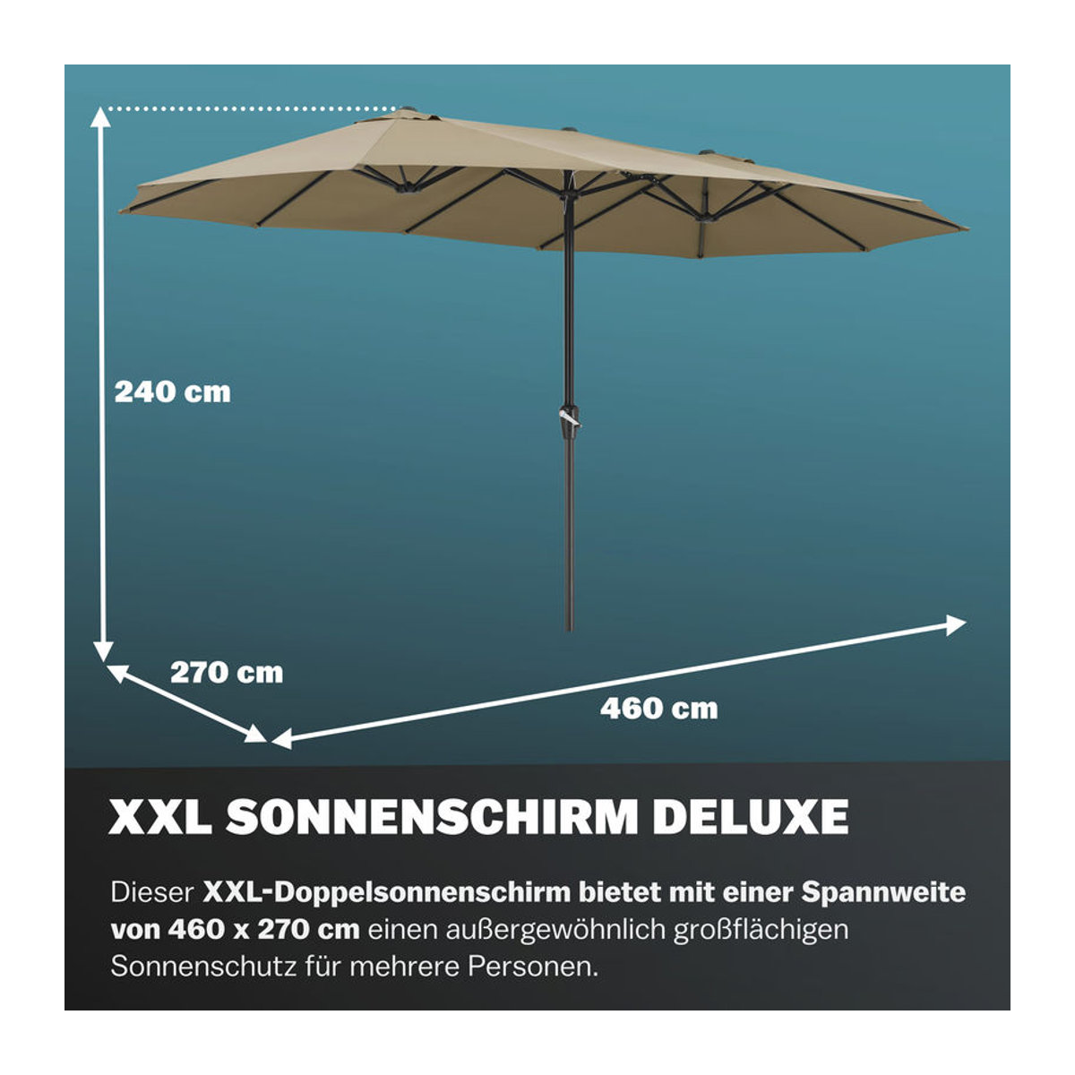 Kingsleeve Doppelsonnenschirm Taupe Meliert mit UV-Schutz 80+, Ovaler Marktschirm mit Kurbel und Schutzhülle, B: 460 cm, H: 240 cm - Bild 3