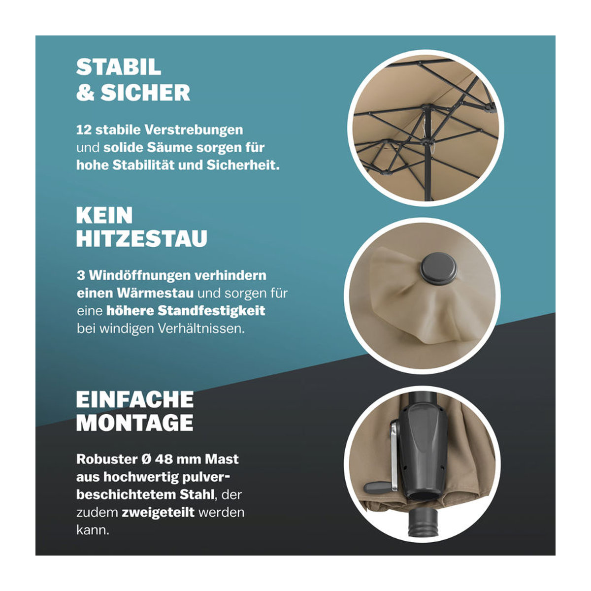 Kingsleeve Doppelsonnenschirm Taupe Meliert mit UV-Schutz 80+, Ovaler Marktschirm mit Kurbel und Schutzhülle, B: 460 cm, H: 240 cm - Bild 5