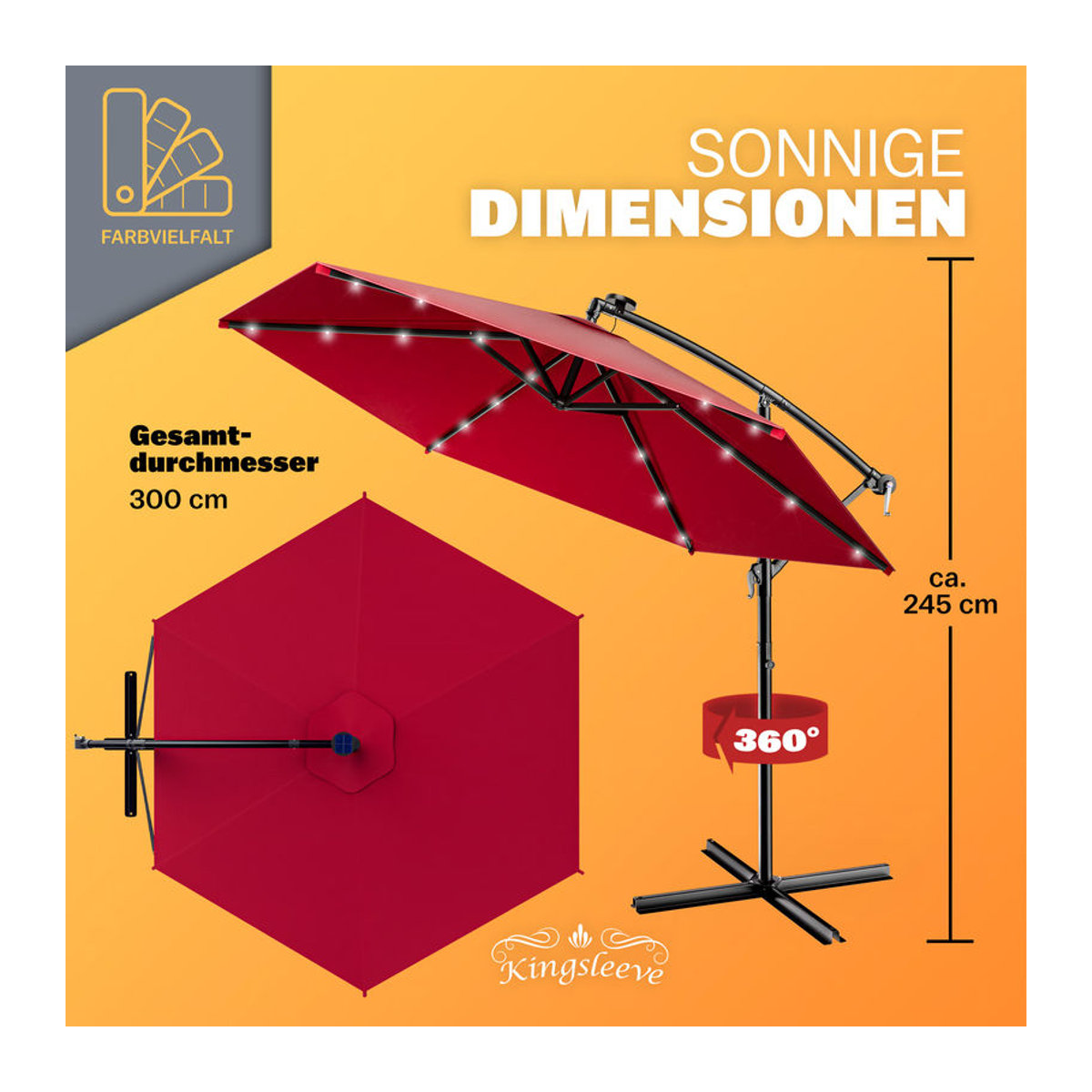 Kingsleeve® LED Solar Ampelschirm Haiti Rot Ø 307 cm mit UV-Schutz 80+ und Schutzhülle - Bild 3