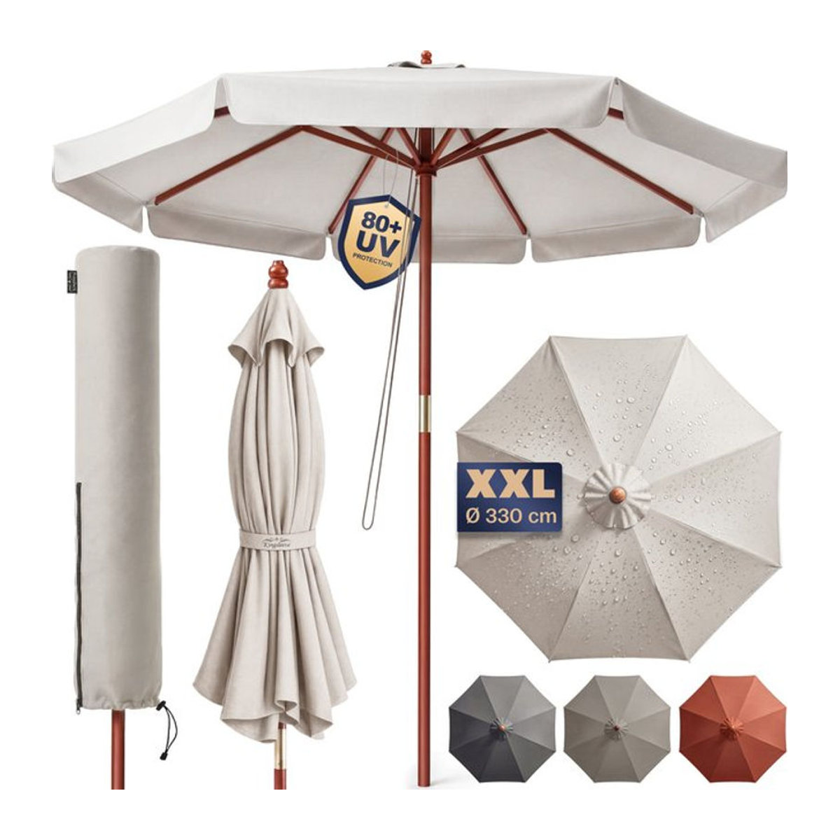 KINGSLEEVE Sonnenschirm aus Holz in Beige mit Ø 330 cm und UV-Schutz 80+ - Bild 2