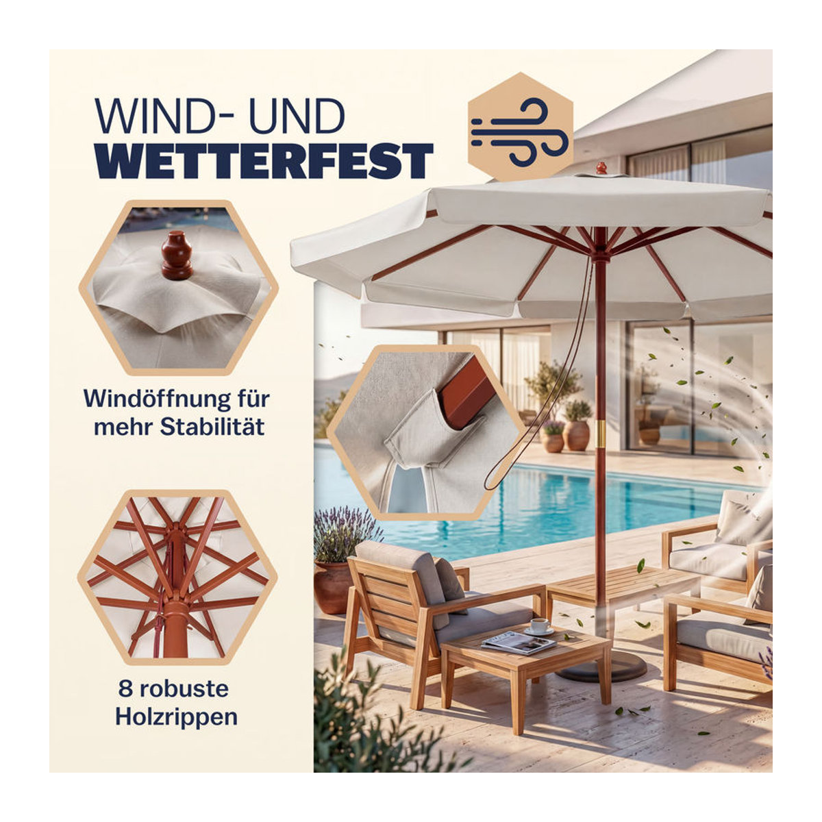 KINGSLEEVE Sonnenschirm aus Holz in Beige mit Ø 330 cm und UV-Schutz 80+ - Bild 4