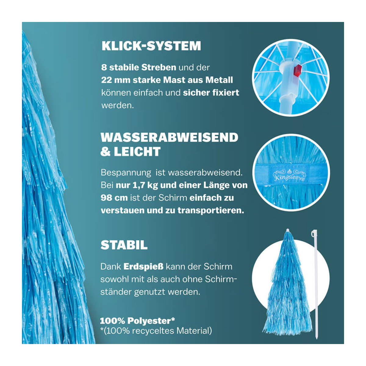 KINGSLEEVE Sonnenschirm Bohemian Blau Ø 160 cm mit UV-Schutz - Bild 4