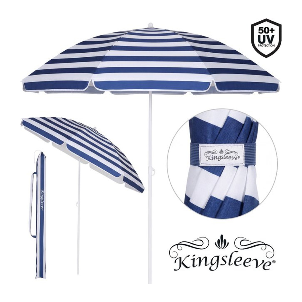 Kingsleeve Sonnenschirm Cyprus Blau/Weiß mit UV-Schutz 50+ und Neigefunktion, Durchmesser: 180 cm - Bild 1