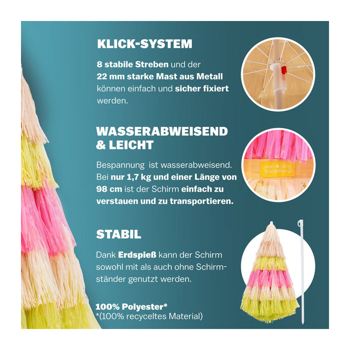 Kingsleeve Sonnenschirm Hawaii Bunt im Bohemian Design mit UV-Schutz, Durchmesser: 160 cm - Bild 4