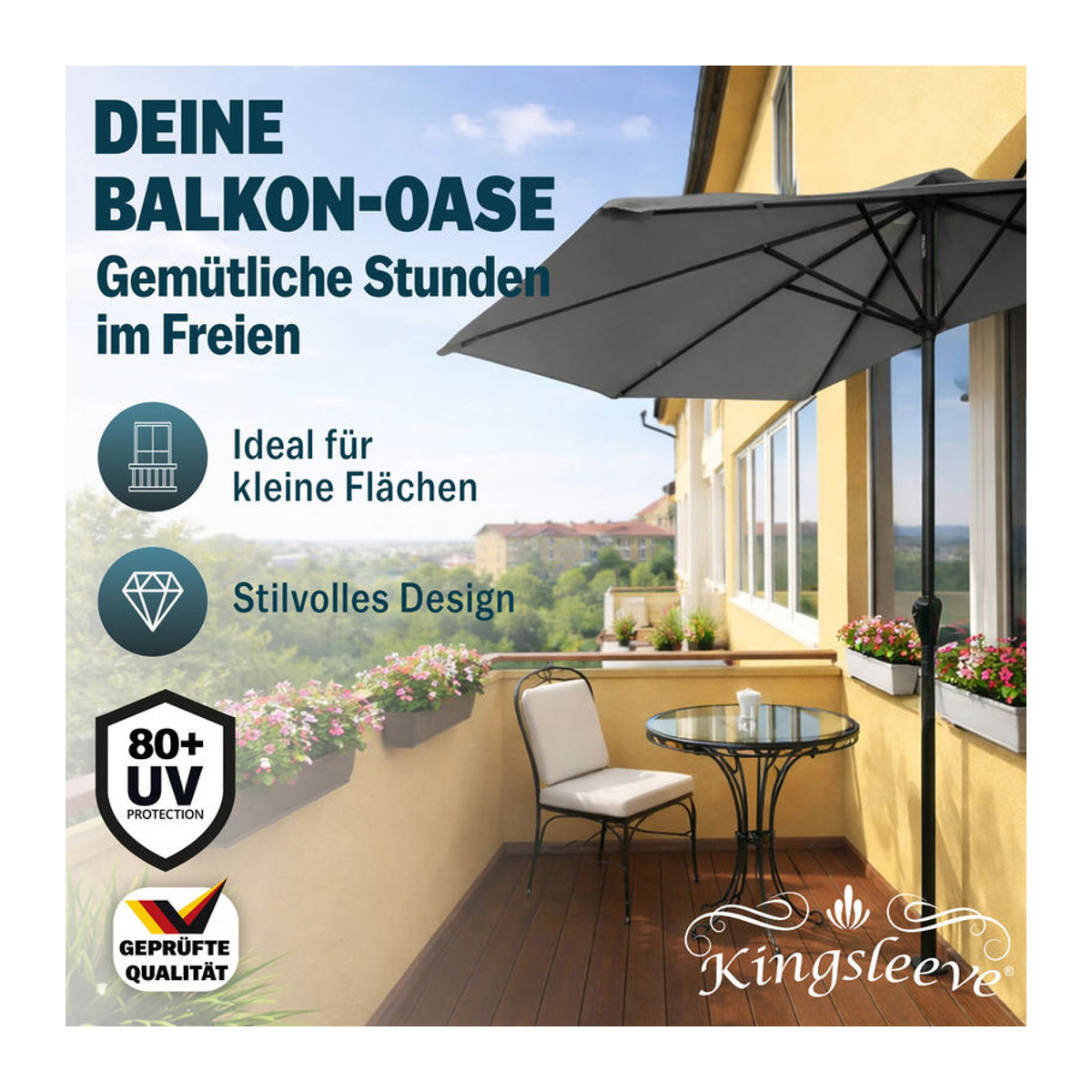 Kingsleeve® Terrassen-Sonnenschirm in Anthrazit mit UV-Schutz 80+ und Stahlgestell - Bild 2