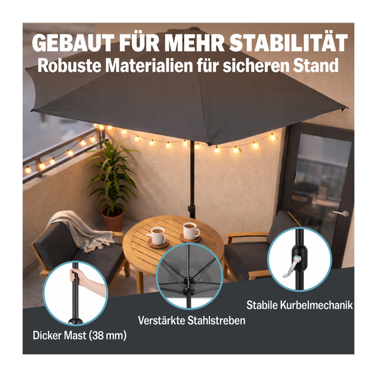 Kingsleeve® Terrassen-Sonnenschirm in Anthrazit mit UV-Schutz 80+ und Stahlgestell - Bild 3
