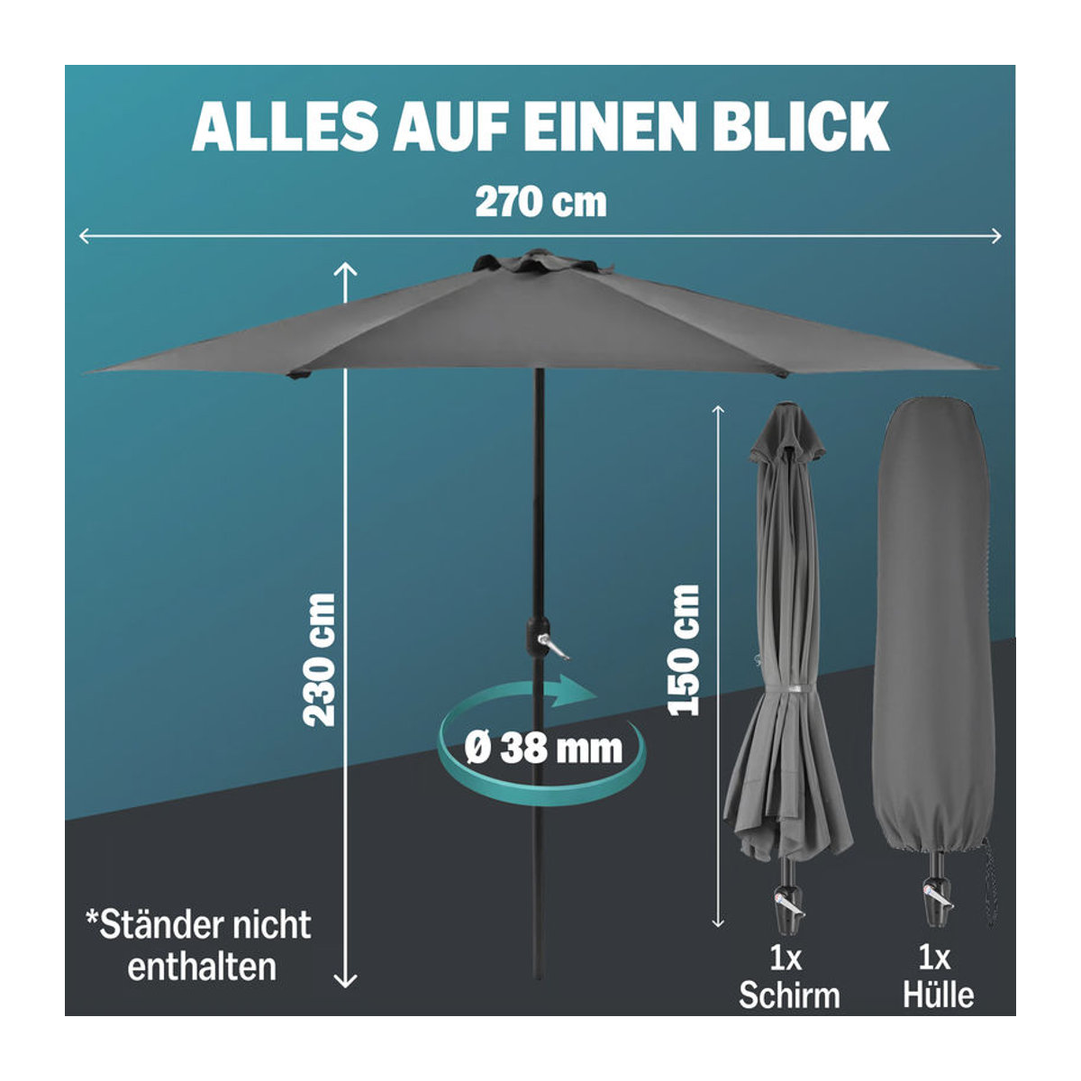 Kingsleeve® Terrassen-Sonnenschirm in Anthrazit mit UV-Schutz 80+ und Stahlgestell - Bild 4