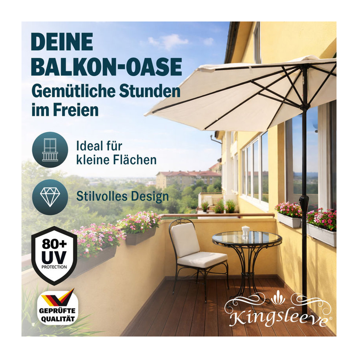 Kingsleeve® Terrassen-Sonnenschirm in Beige mit UV-Schutz 80+ und Stahlgestell, B/T/H: 270 x 230 x 230 cm - Bild 2