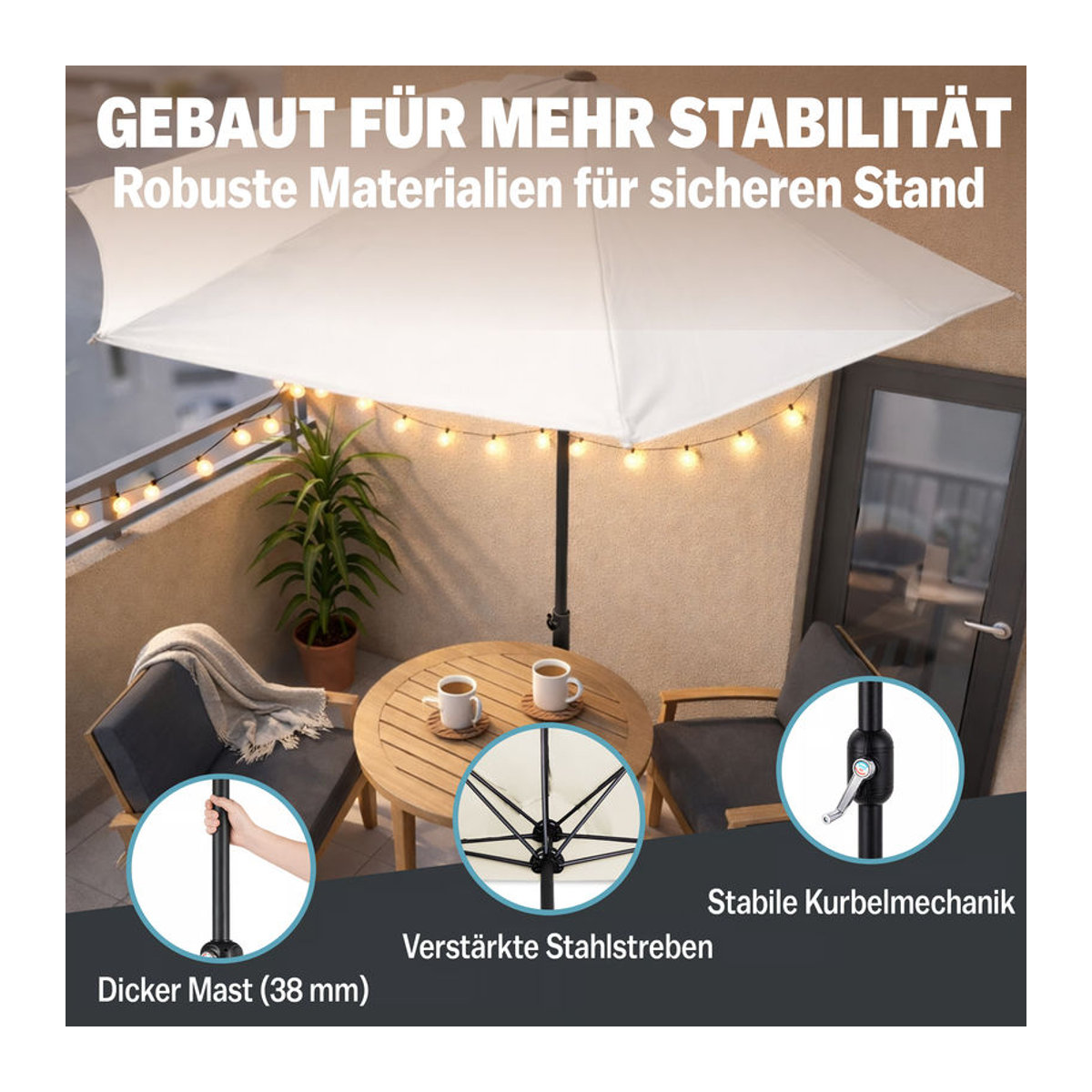 Kingsleeve® Terrassen-Sonnenschirm in Beige mit UV-Schutz 80+ und Stahlgestell, B/T/H: 270 x 230 x 230 cm - Bild 3