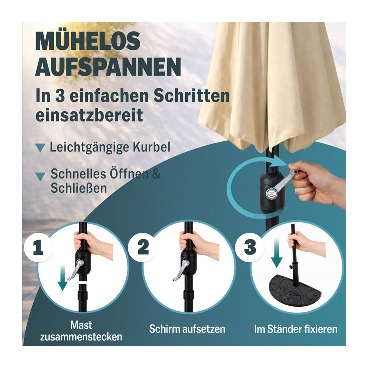 Kingsleeve® Terrassen-Sonnenschirm in Beige mit UV-Schutz 80+ und Stahlgestell, B/T/H: 270 x 230 x 230 cm - Bild 5