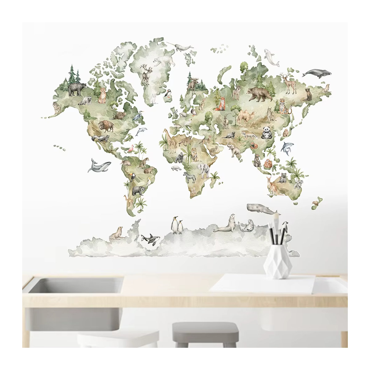 Kingsmile Wandtattoo Weltkarte mit Tieren im Aquarell-Design, abnehmbarer Vinyl-Wandtattoo für Kinderzimmer und Spielzimmer, mehrfarbig - Bild 2