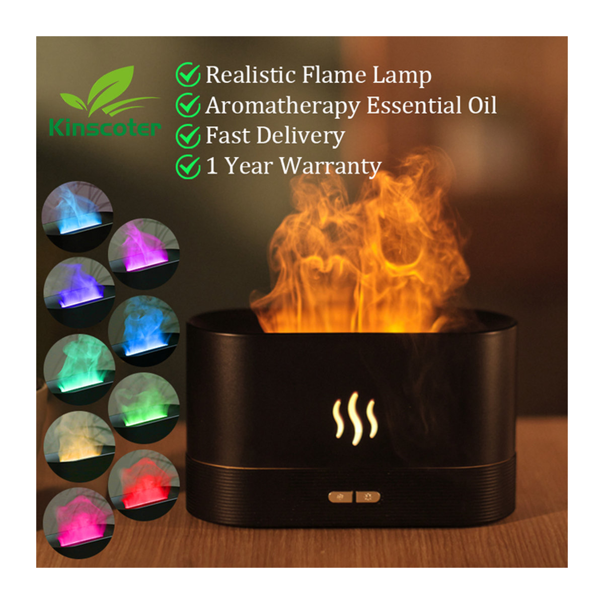 Kinscoter Aroma Diffusor und Luftbefeuchter mit Ultraschall-Technologie und LED Flammen-Effekt in Schwarz - Bild 1
