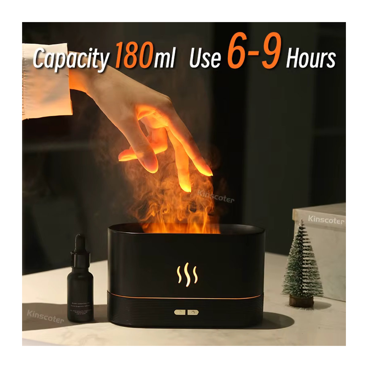Kinscoter Aroma Diffusor und Luftbefeuchter mit Ultraschall-Technologie und LED Flammen-Effekt in Schwarz - Bild 2