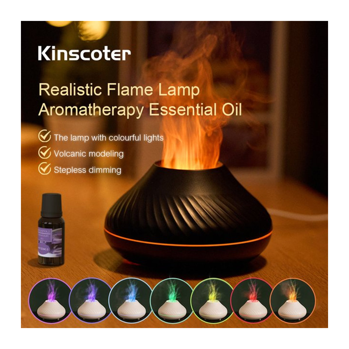 Kinscoter Vulkan-Aroma-Diffusor mit Farbflamme und Nachtlicht, USB-Luftbefeuchter für ätherische Öle, Schwarz, 130 ml - Bild 1