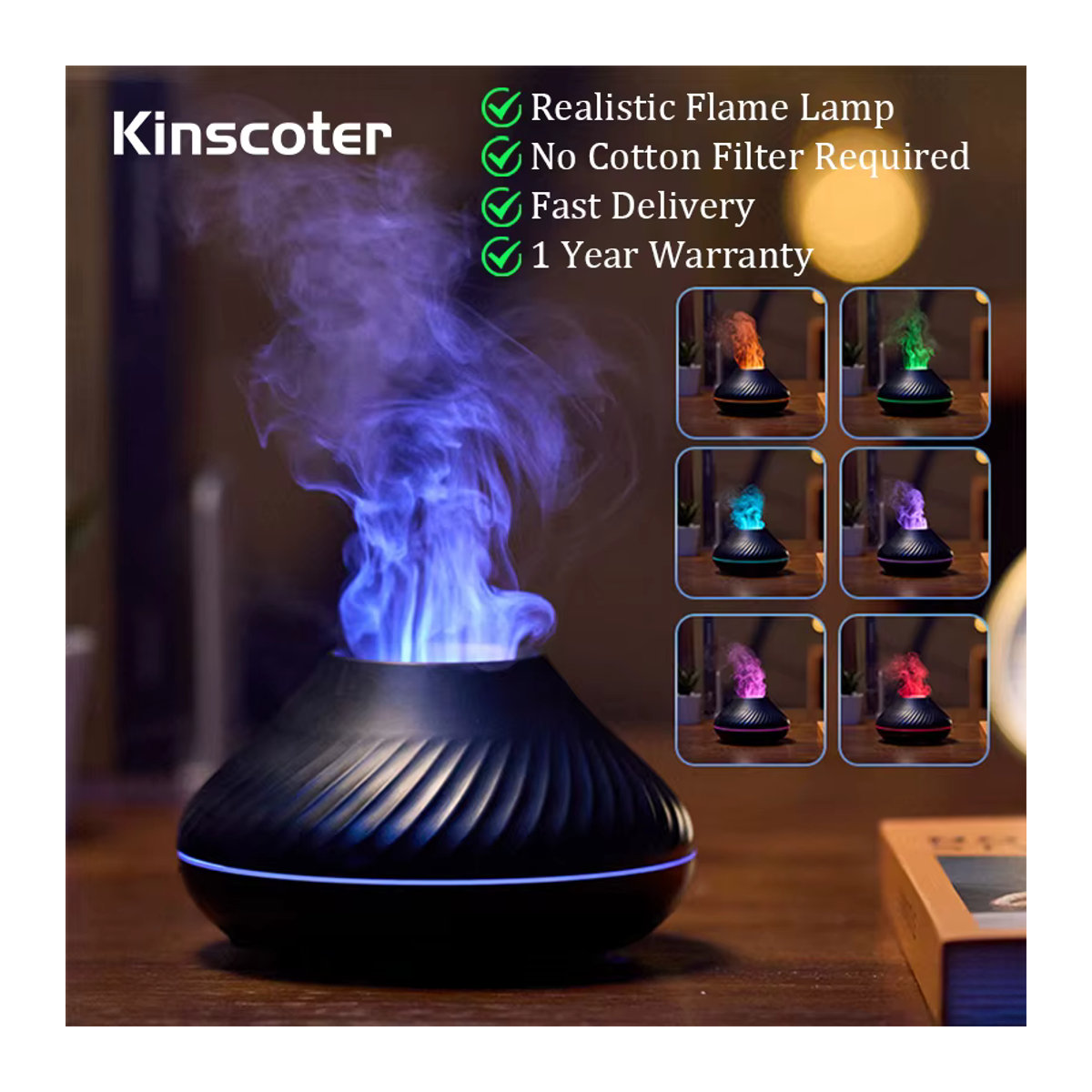 Kinscoter Vulkan-Aroma-Diffusor mit Farbflamme und Nachtlicht, USB-Luftbefeuchter für ätherische Öle, Schwarz, 130 ml - Bild 3