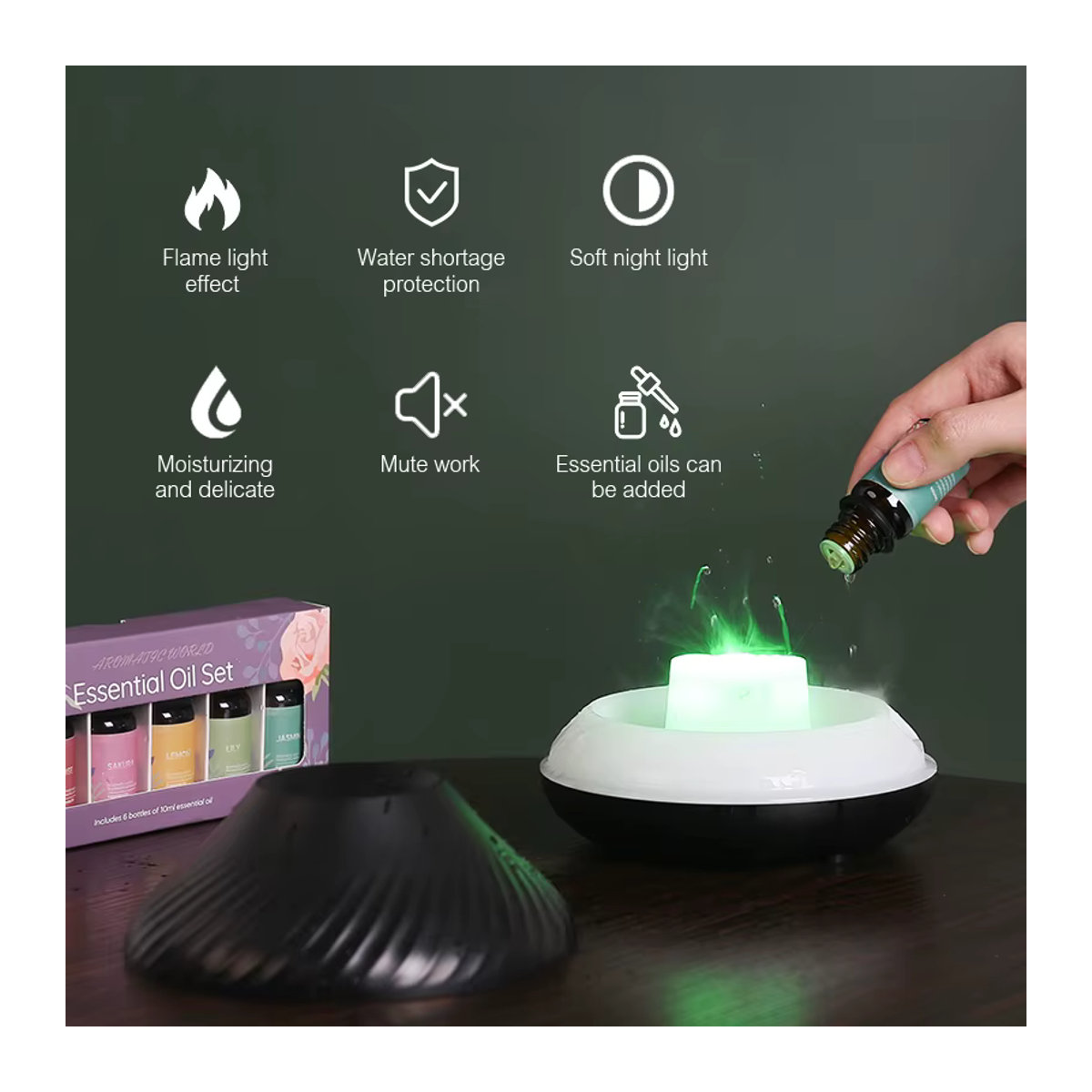 Kinscoter Vulkan-Aroma-Diffusor mit Farbflamme und Nachtlicht, USB-Luftbefeuchter für ätherische Öle, Schwarz, 130 ml - Bild 4