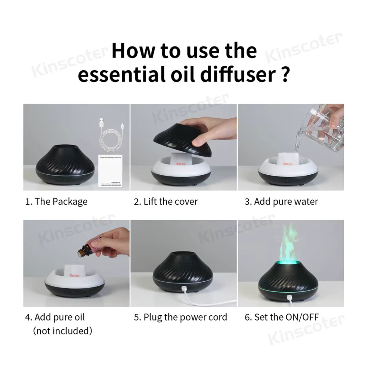 Kinscoter Vulkan-Aroma-Diffusor mit Farbflamme und Nachtlicht, USB-Luftbefeuchter für ätherische Öle, Schwarz, 130 ml - Bild 5
