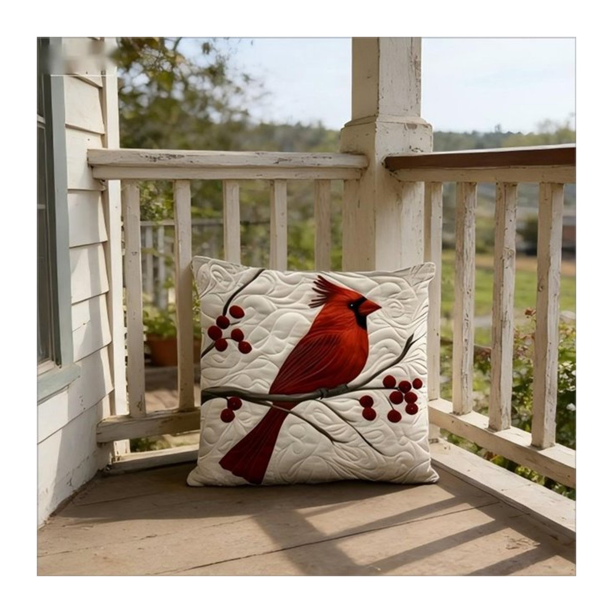 Kissenbezug mit 2D Stepp-Optik Kardinalvogel und Winterbeeren-Print für Sofa und Couch, B/B: 18 x 18 cm - Bild 1