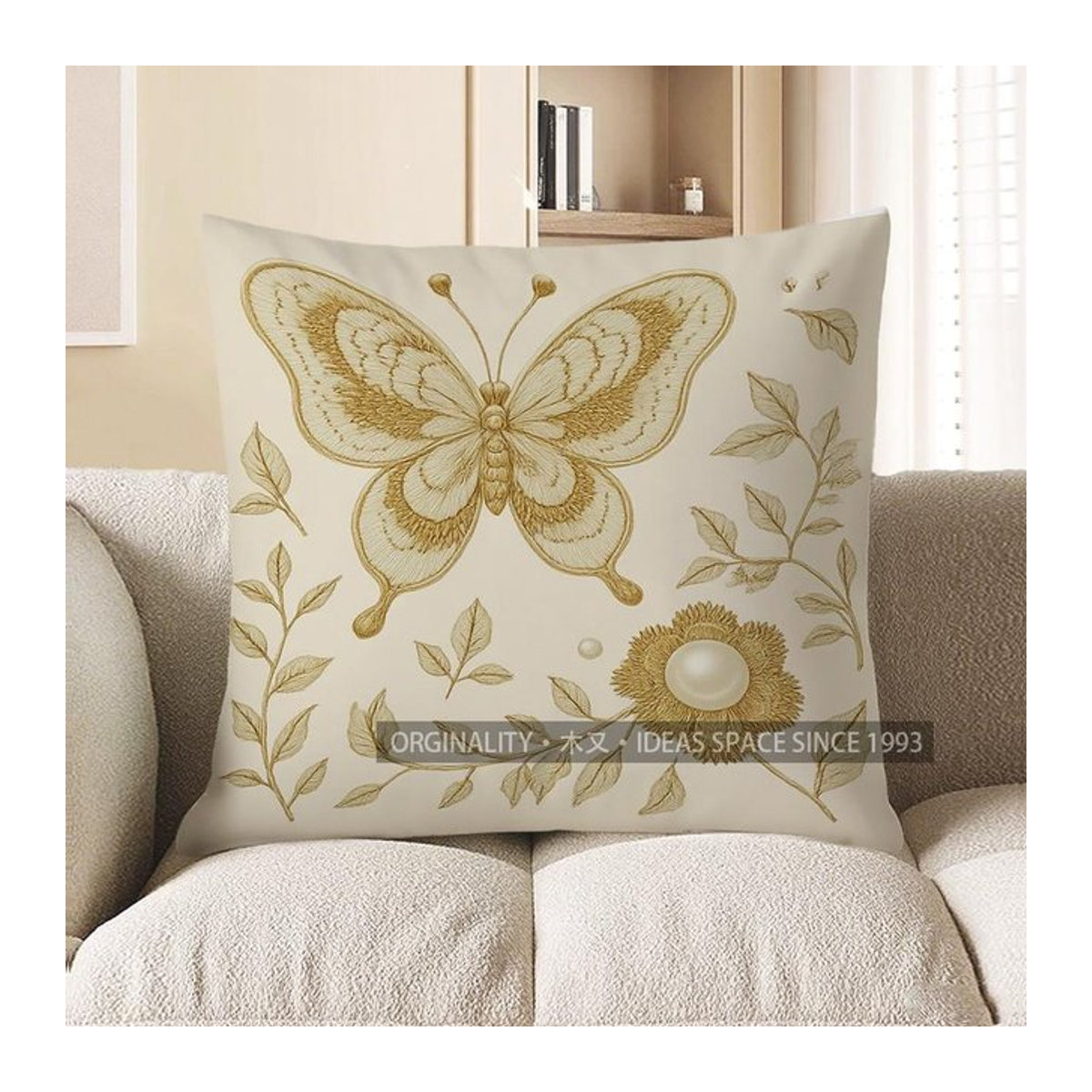 Kissenbezug mit goldenem Schmetterling und Blumendruck für Sofa und Schlafzimmer, B/B/H: 18 x 18 x 18 cm - Bild 1