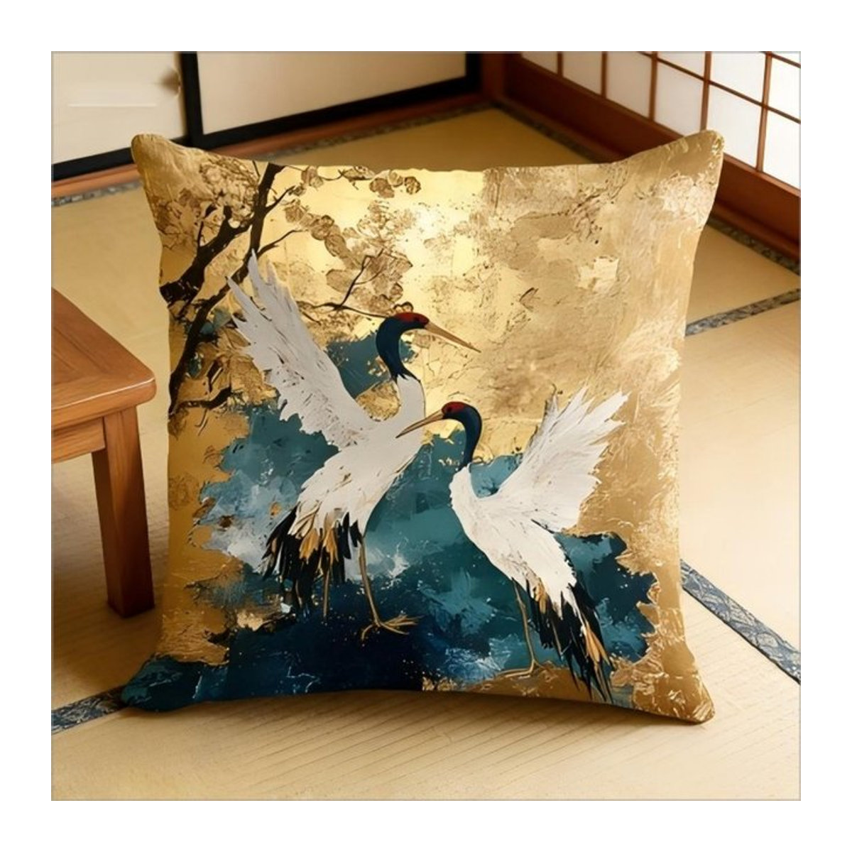 Kissenbezug mit Rotschnabelkranich in Gold und Türkis im orientalischen Kunst-Stil, B/H: 18 x 18 cm - Bild 1