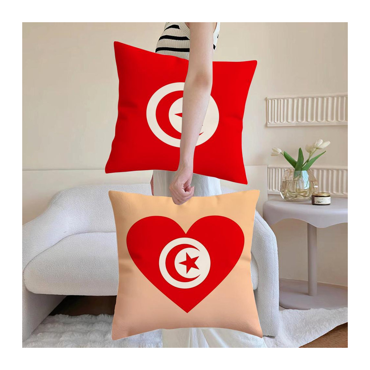 Kissenbezug mit Tunesien Flagge in Rot, Peach Skin Material, B/T/H: 18 x 18 x 0 cm - Bild 1