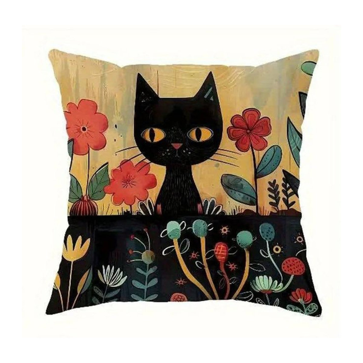 Kissenbezug von Shunika Chen mit schwarzem Katzenmuster und bunten Blumen für Sofa und Schlafzimmer, B/B: 18 x 18 cm, Schwarz/Bunt - Bild 1