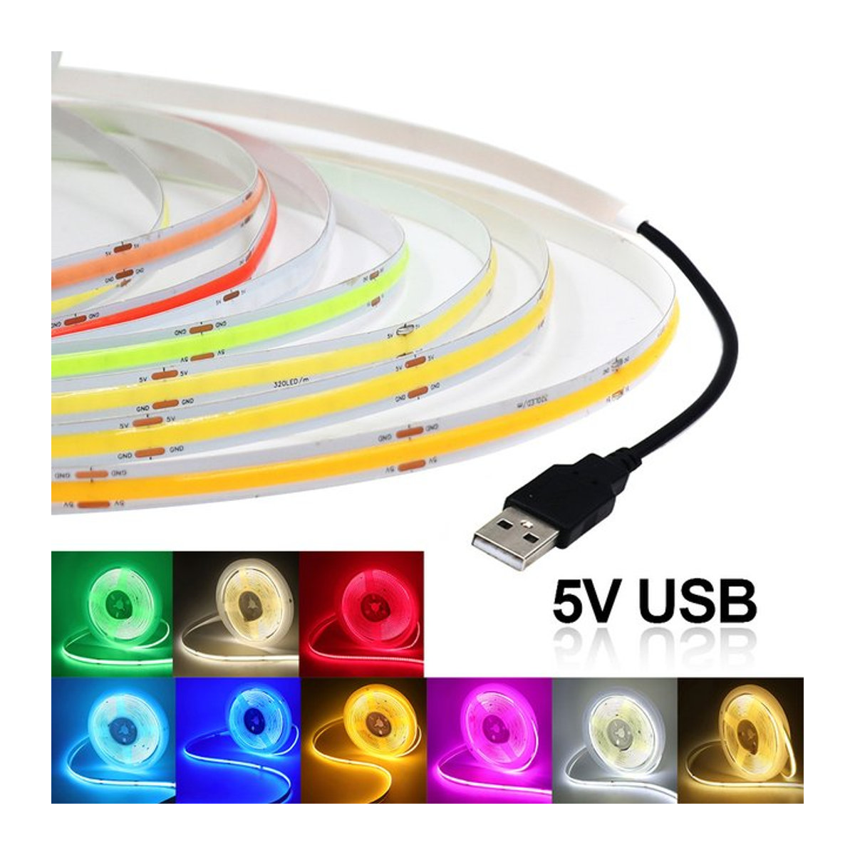 KISUFU COB LED Streifen Weiß mit 320 LEDs als flexible USB 5V Nachtlampe zur TV Hintergrundbeleuchtung - Bild 1