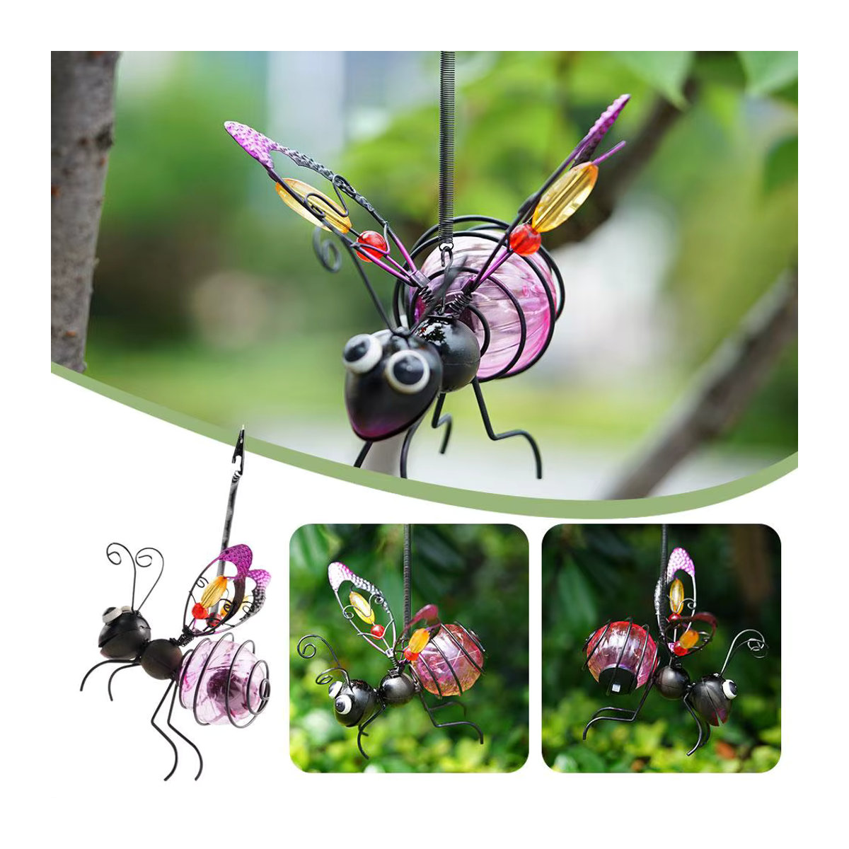 KITPIPI Insekten-Statue aus Metall mit LED-Lichterkette in Gold und Schwarz als wasserdichte Gartenverzierung für Hof und Zaun - Bild 3
