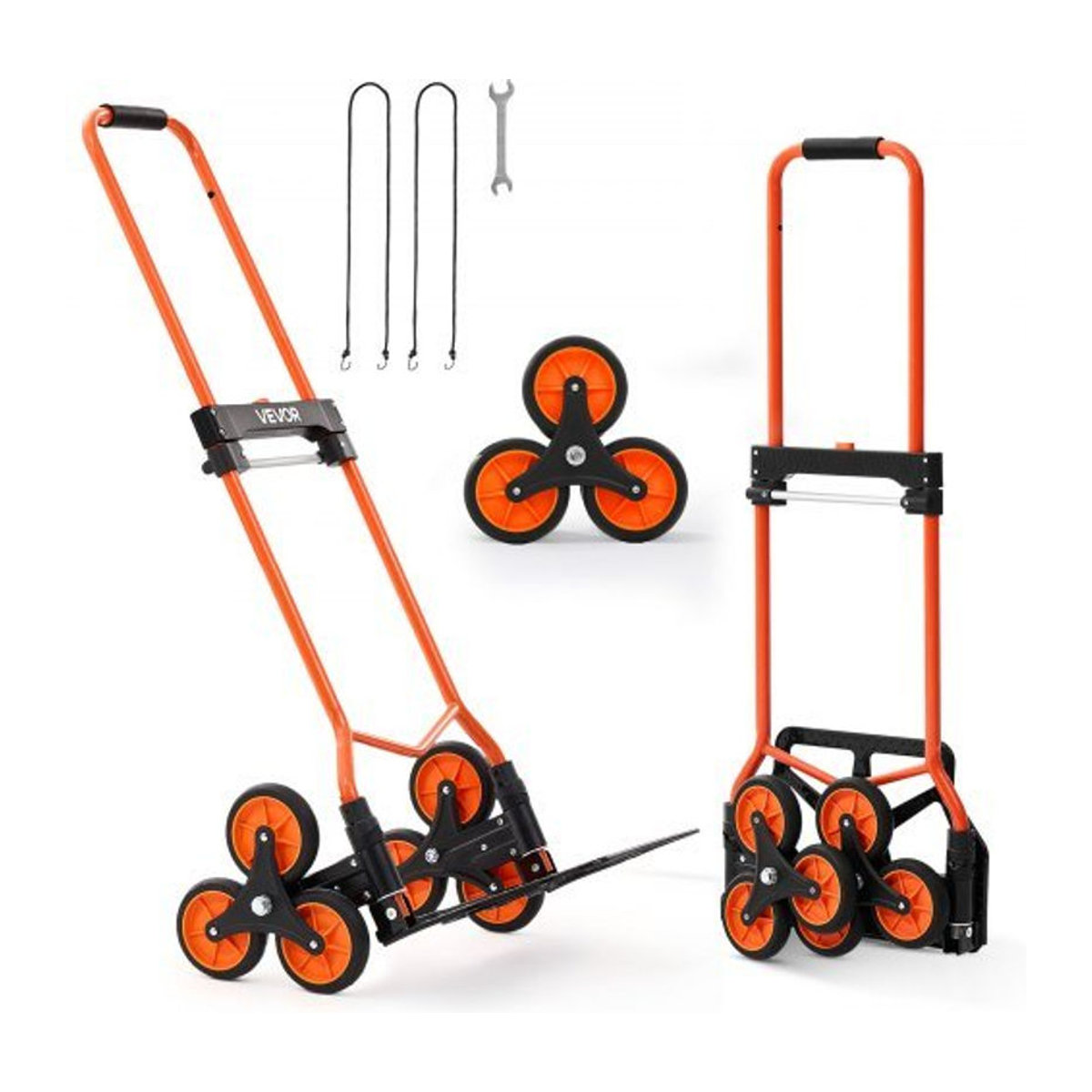 Klappbare Vevor Treppensackkarre mit 54 kg Tragkraft in Schwarz-Orange mit Teleskopgriff, 6 Rädern und 2 Spanngurten - Bild 1