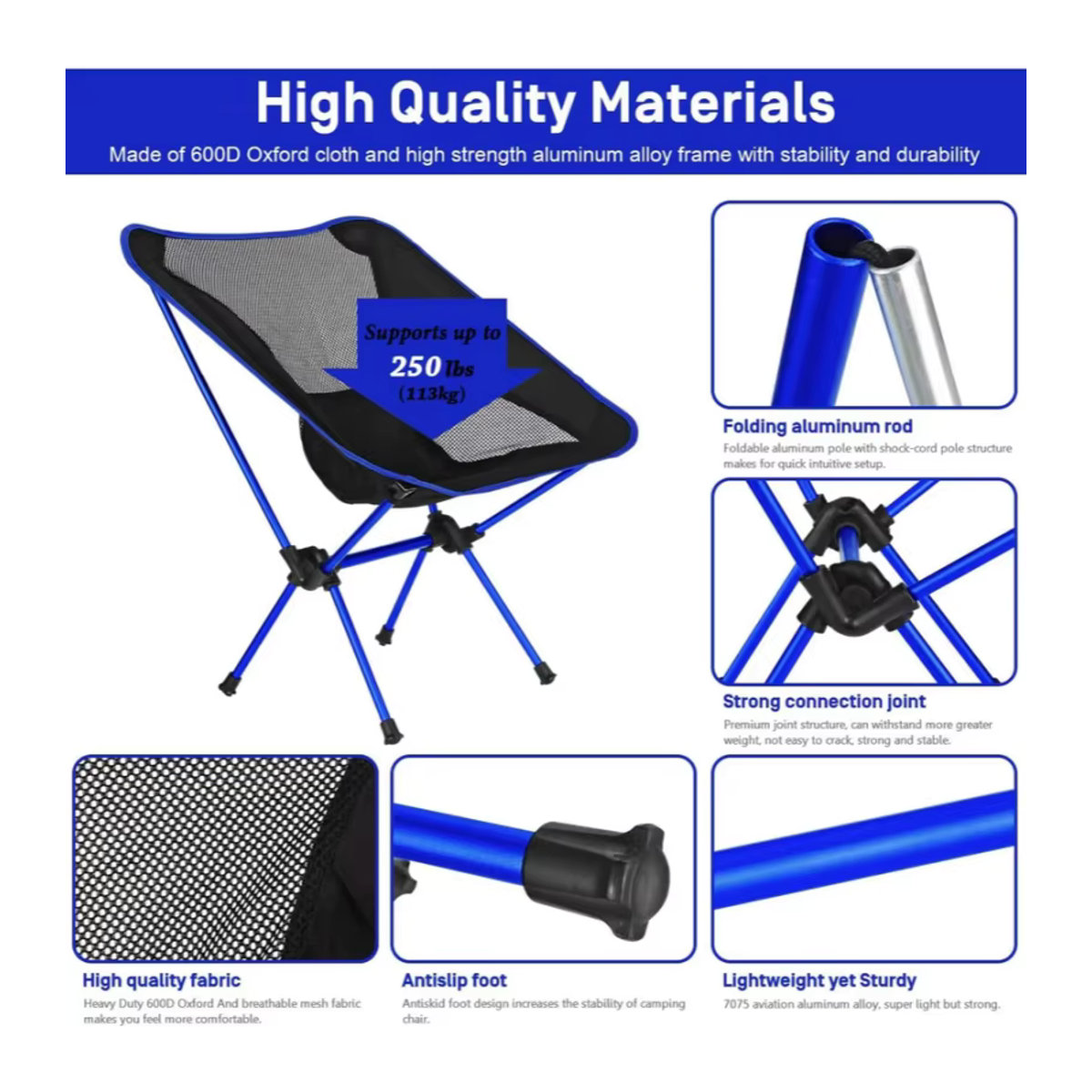 Klappbarer Campingstuhl als Liegestuhl für Strand und Angeln in Blau aus Aluminium - Bild 3