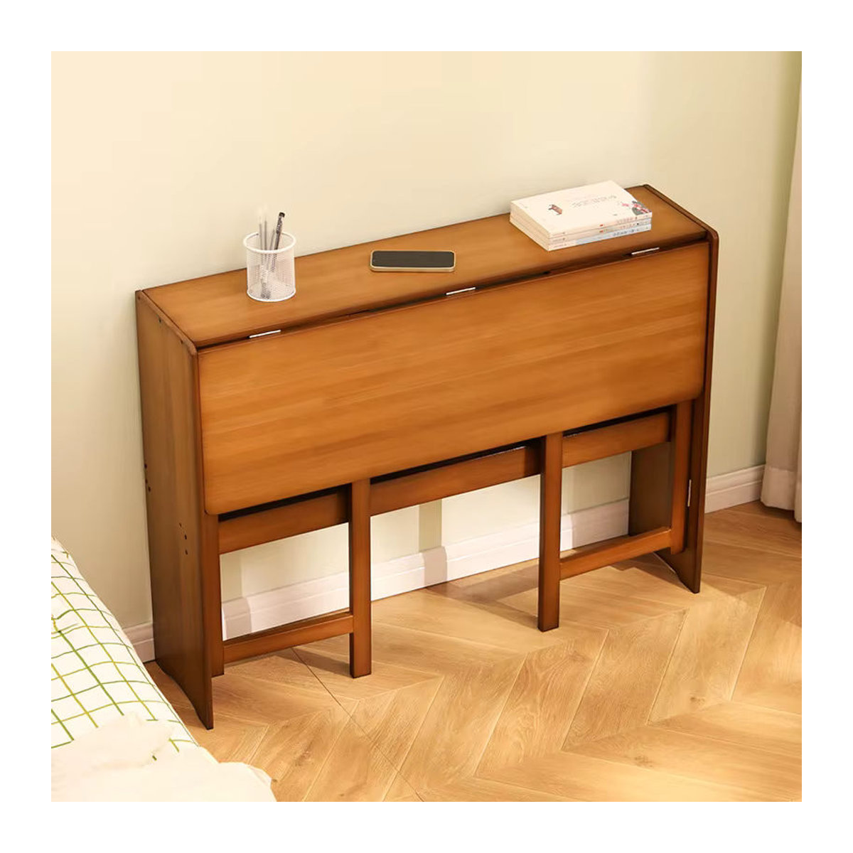 Klappbarer Schreibtisch von ZJMZYM in Braun im minimalistischen Holzdesign als kompakter Computertisch und Arbeitsplatz für Schlafzimmer oder Haushalt - Bild 2