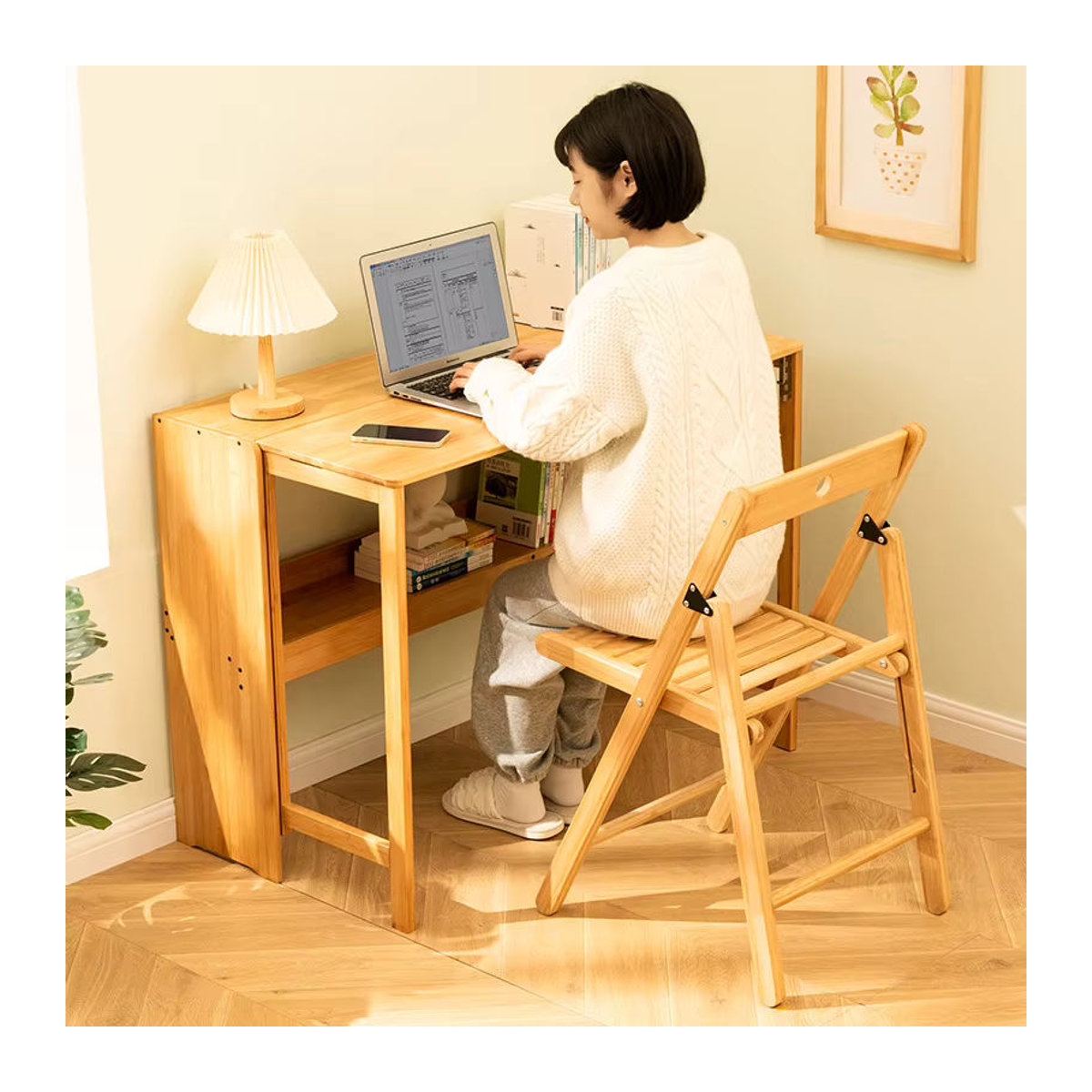 Klappbarer Schreibtisch von ZJMZYM in Braun im minimalistischen Holzdesign als kompakter Computertisch und Arbeitsplatz für Schlafzimmer oder Haushalt - Bild 4