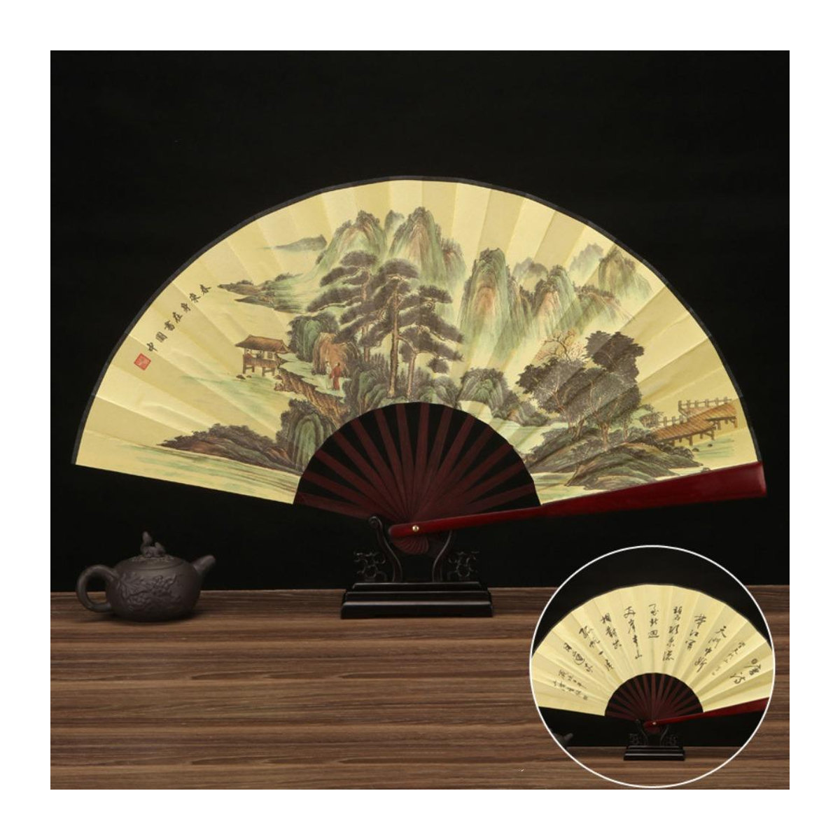 Klassischer Faltfächer mit Holzgriff und floralem Design in Gelb von yuxuan21, Breite: 33,33 cm - Bild 2