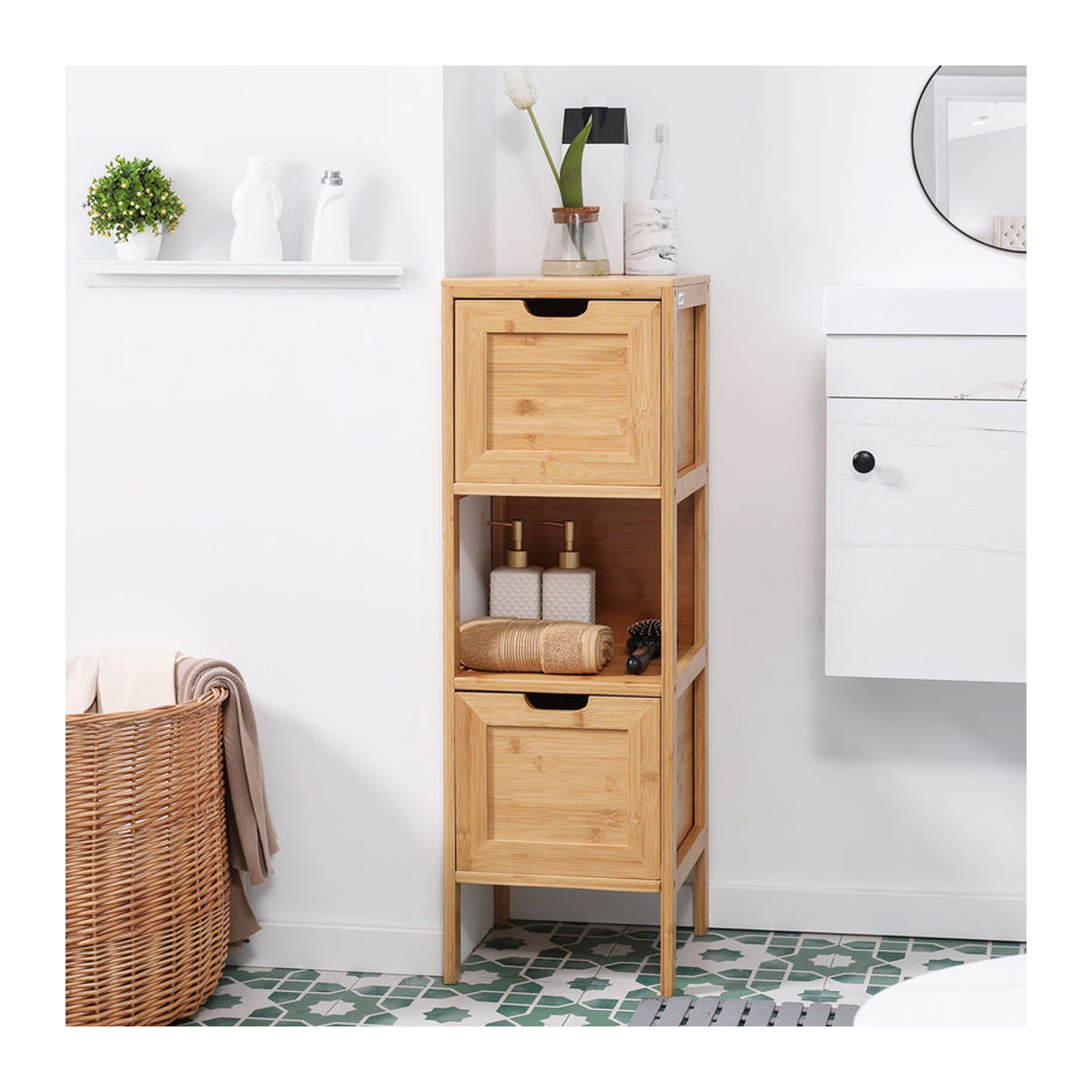 kleankin Badezimmerschrank aus Bambus mit 2 Schubladen in Natur im Landhausstil - Bild 2