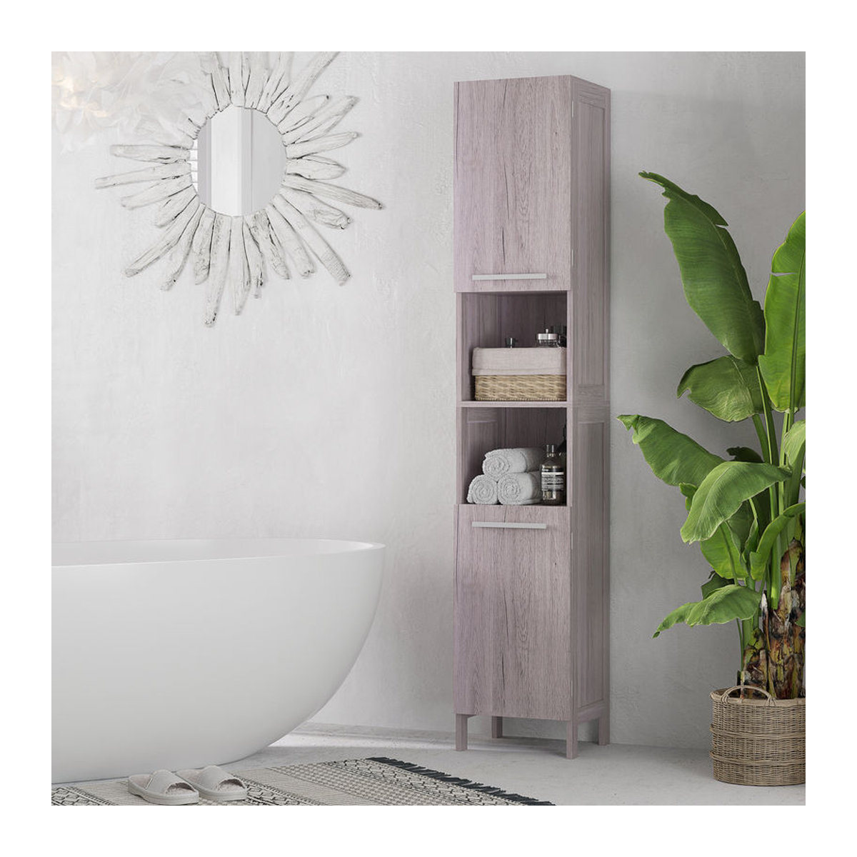 kleankin Badezimmerschrank Hochschrank mit Drehtüren und 2 offenen Regalfächern, Grau, B/T/H: 30 x 32 x 172,5 cm - Bild 2