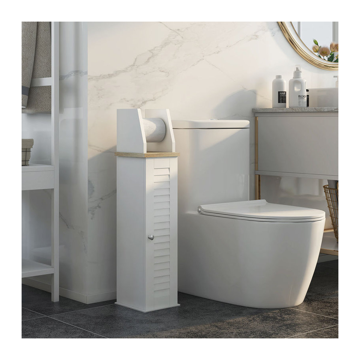 Kleankin Badezimmerschrank mit Toilettenpapierhalter und höhenverstellbarem Regal in Weiß, Modernes Design, B/T/H: 18 x 20 x 80 cm - Bild 2