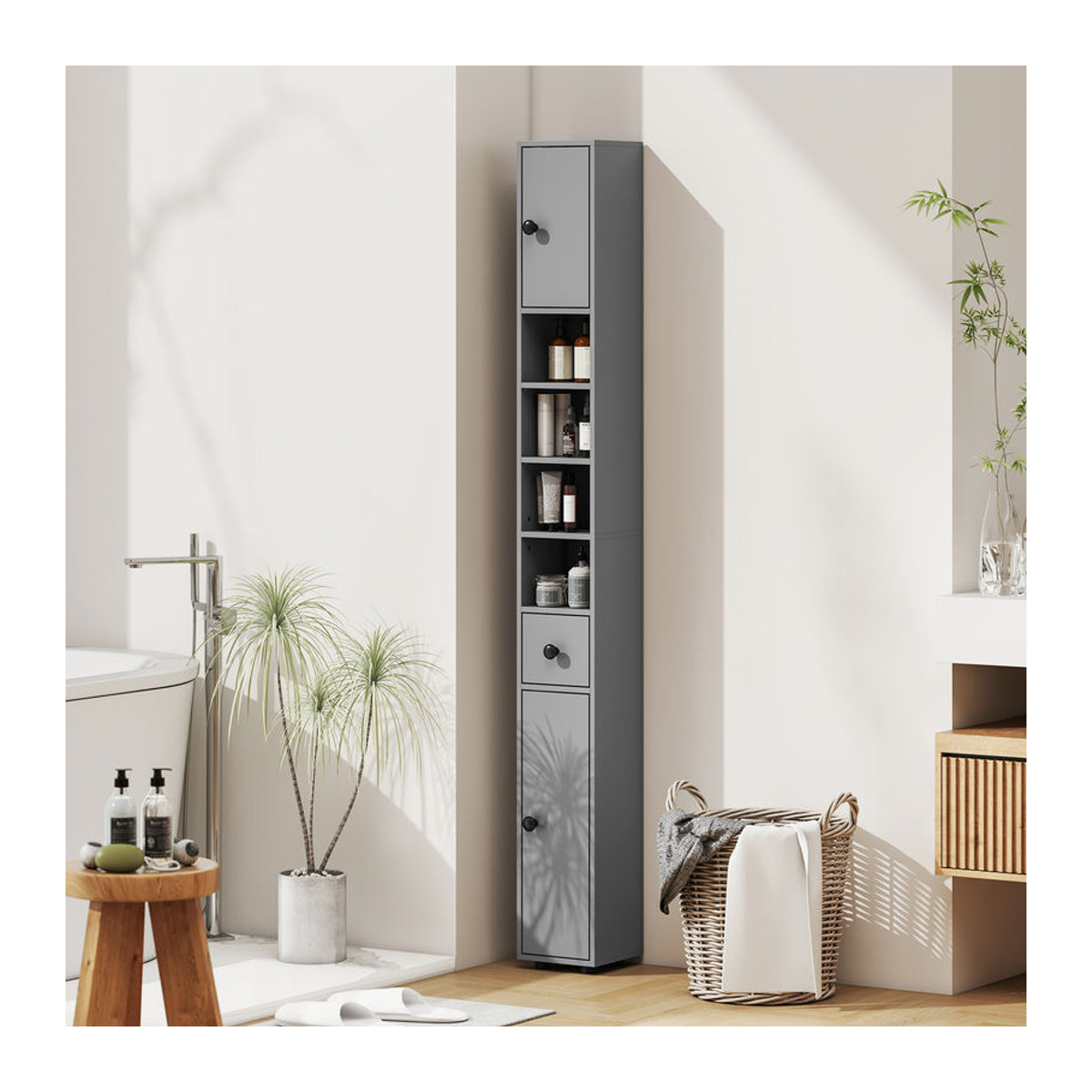 Kleankin Badezimmerschrank schmal als Hochschrank in Grau mit Schublade und 4 offenen Fächern, B/T/H: 20 x 20 x 180 cm - Bild 2