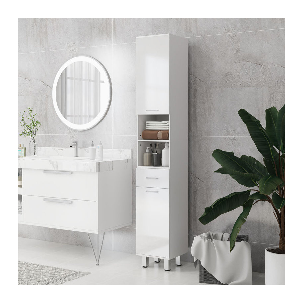 kleankin Badezimmerschrank schmal, moderner Hochschrank als Toilettenschrank mit Schublade und verstellbaren Ablagen, Weiß, B/T/H: 30 x 30 x 180 cm - Bild 2